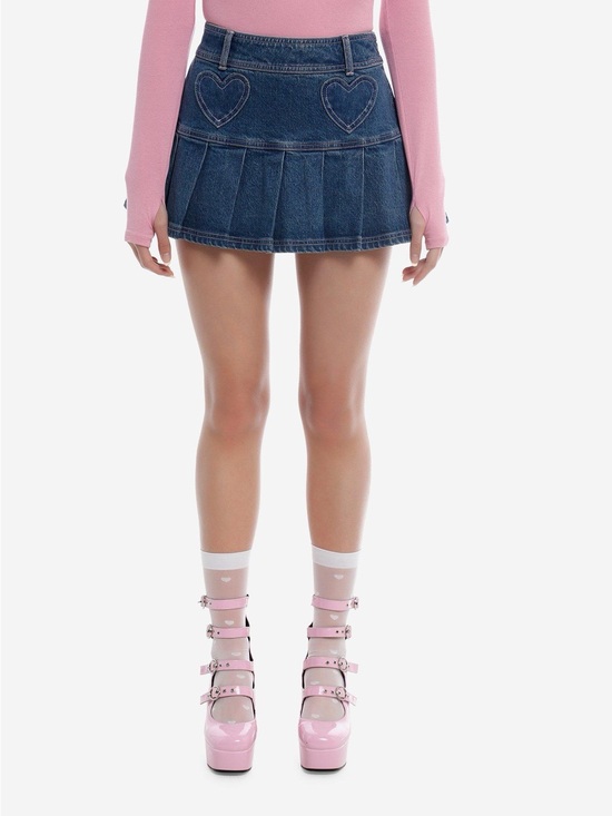 Hot Topic Dresses & Skirts - NWT Hot Topic Sweet Society Heart Patch Pleated Denim Skirt